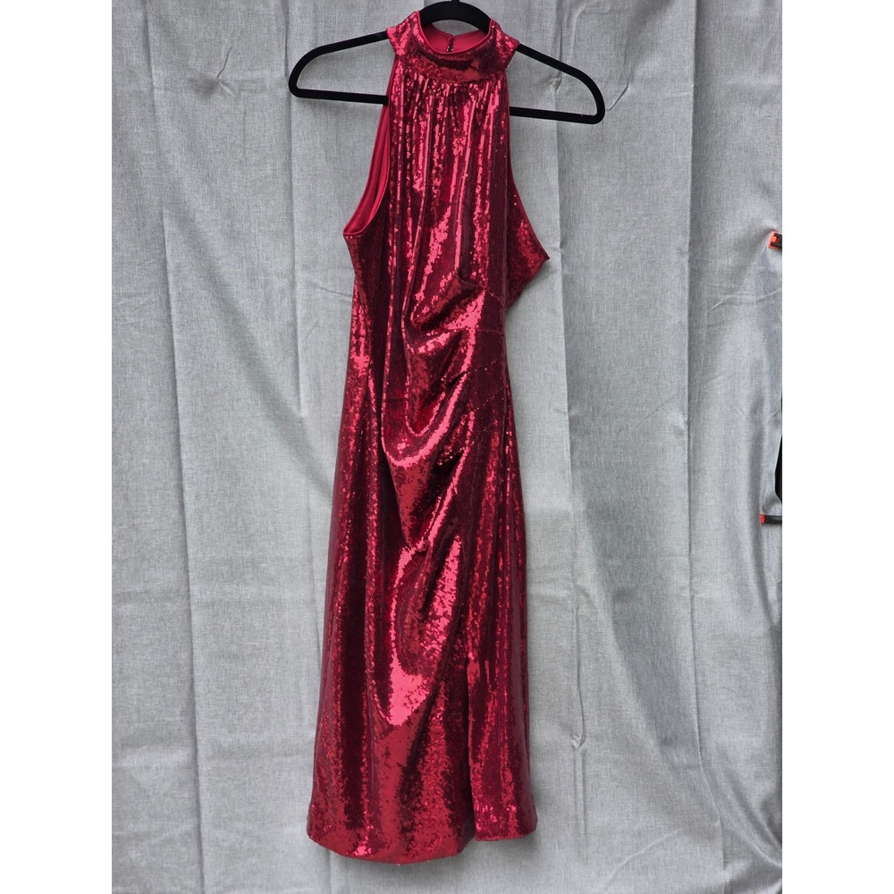 Boston Proper Red Sequin Halter Neck Draped Sheath Dress 8 2BQ92